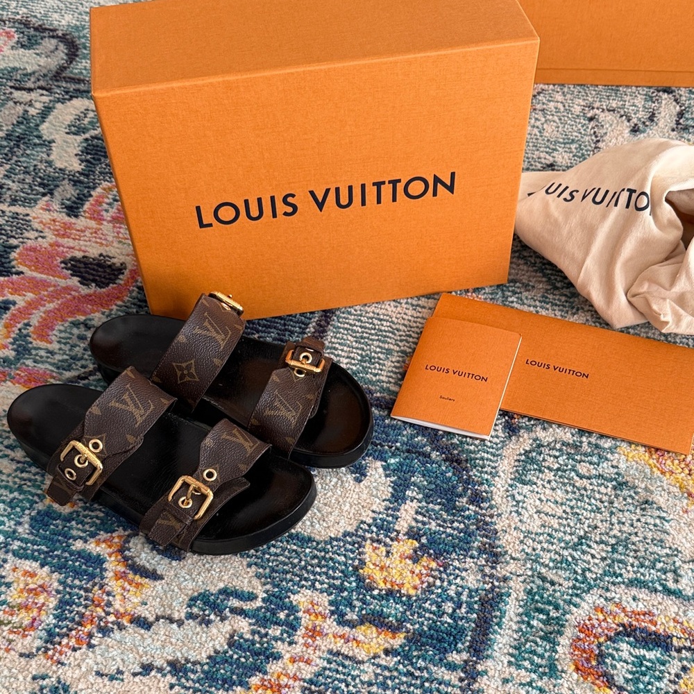 Louis Vuitton Monogram Brown Sandals with Gold Buckles